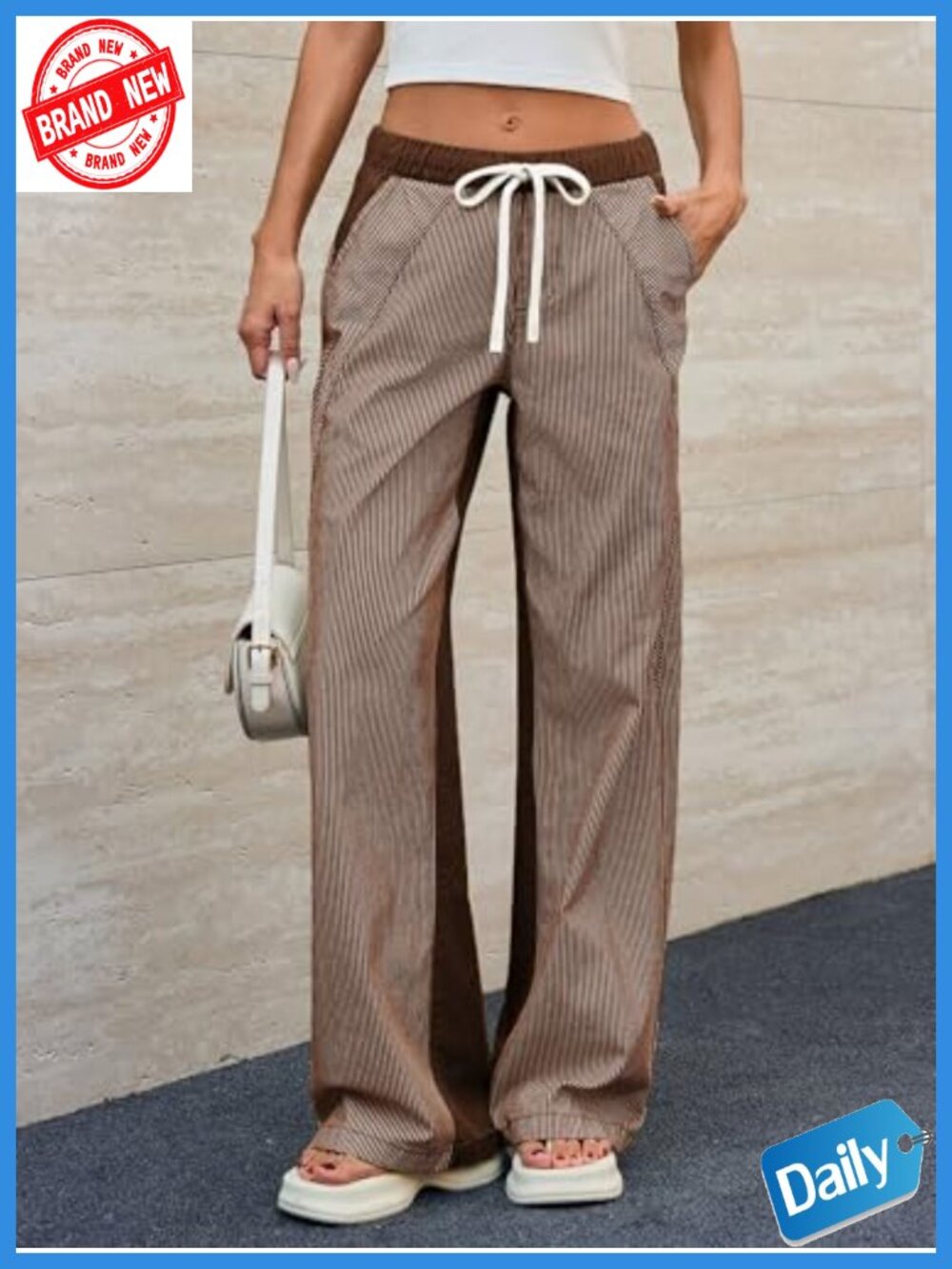 Women's Low Rise Striped Wide Leg Pants Boho Drawstring Cotton Palazzo - Picture 3 of 6